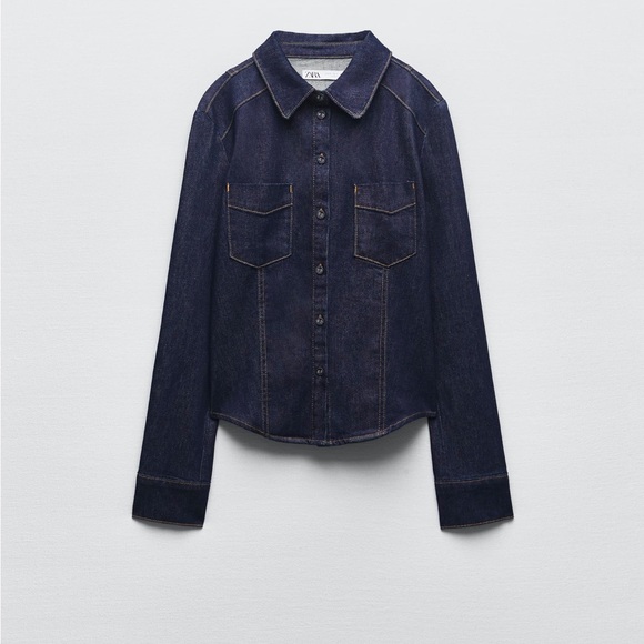 Zara FITTED DENIM SHIRT. Blue. Size S. New with Tags. - Picture 4 of 7